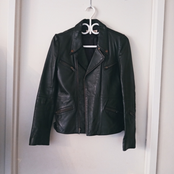 Leather Moto Jacket, Dark Green - Picture 5 of 8